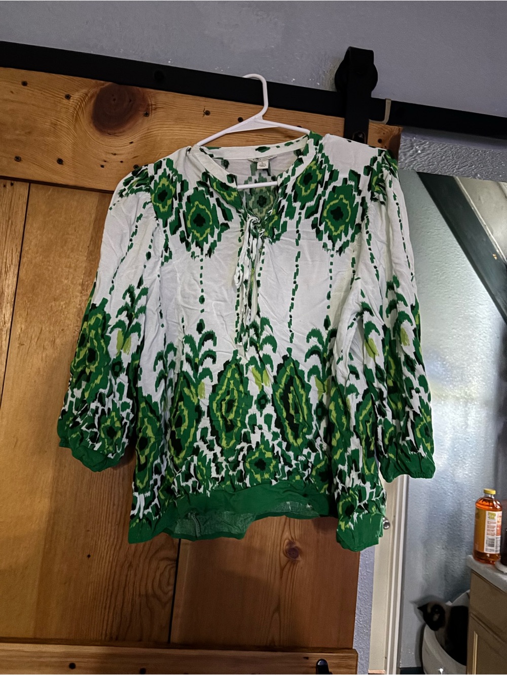 Women's Green Patterned Peasant Blouse - Green/White